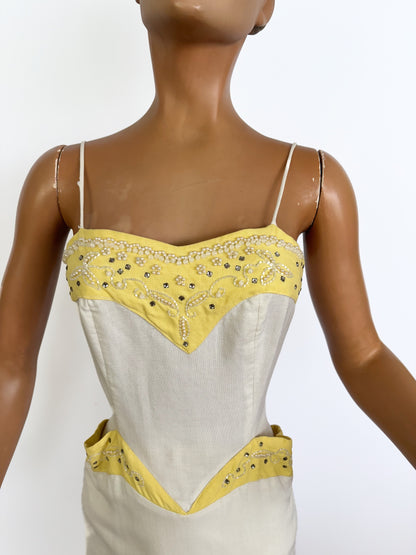 1950s Rhinestones Pencil Dress | XXS