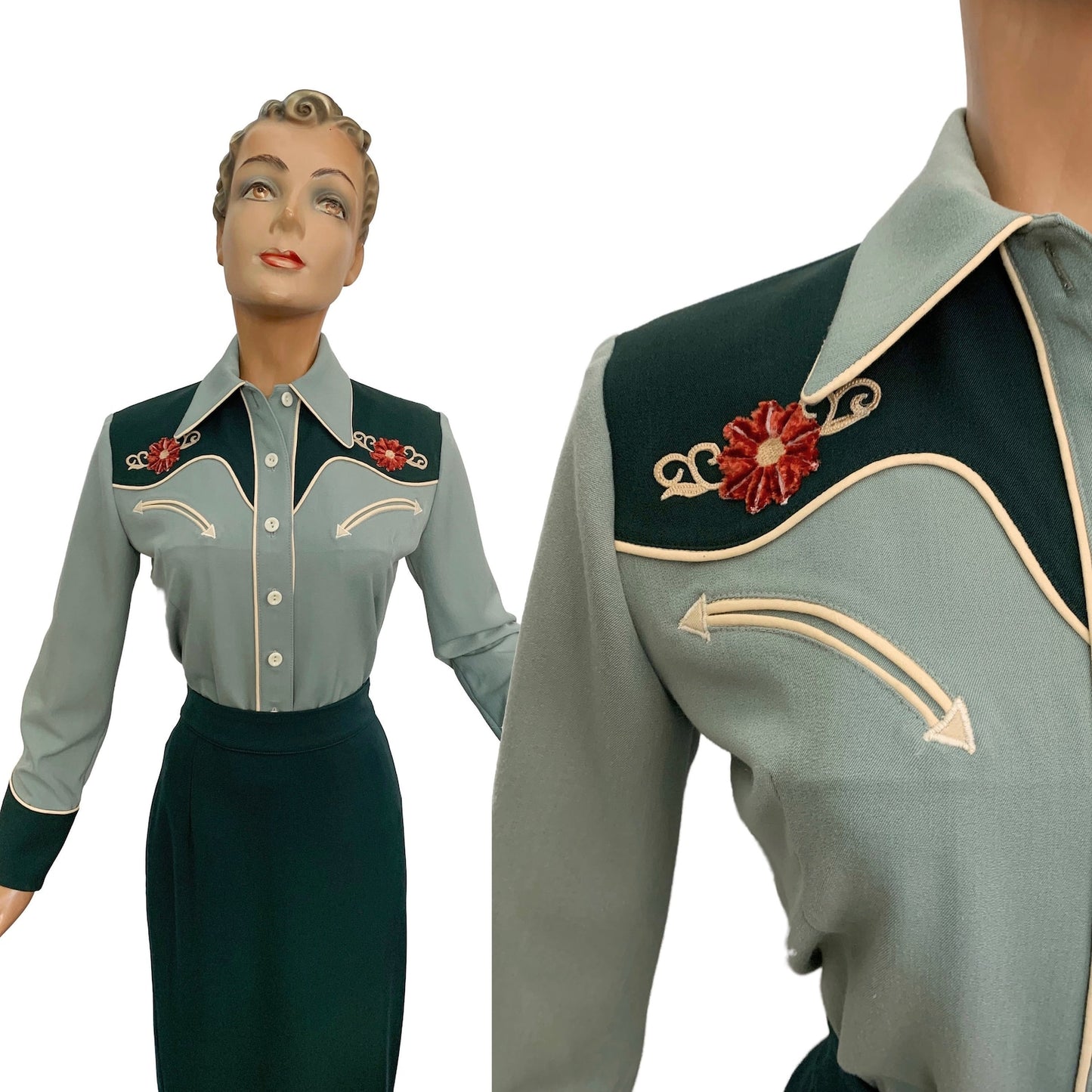 Mary Lou 1940er Westernbluse Grün - Auf Bestellung