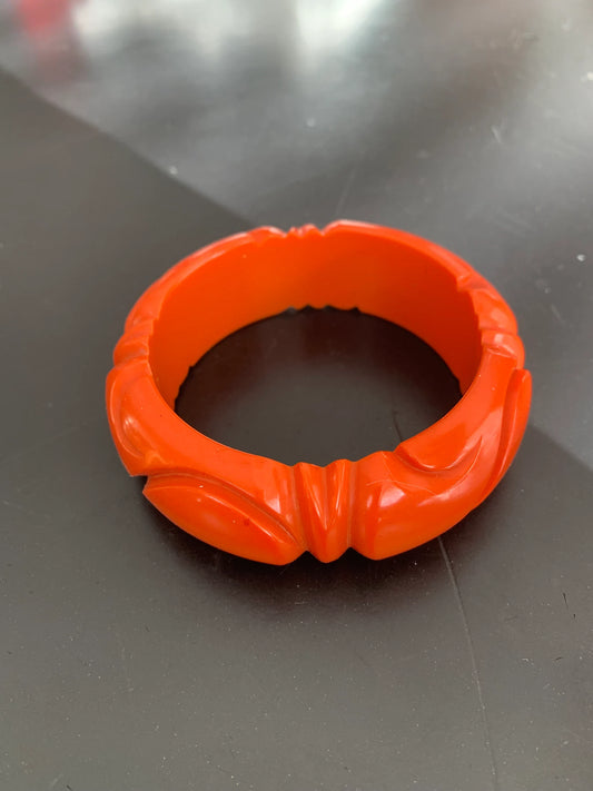 Vintage Orange Carved Bakelite Bangle