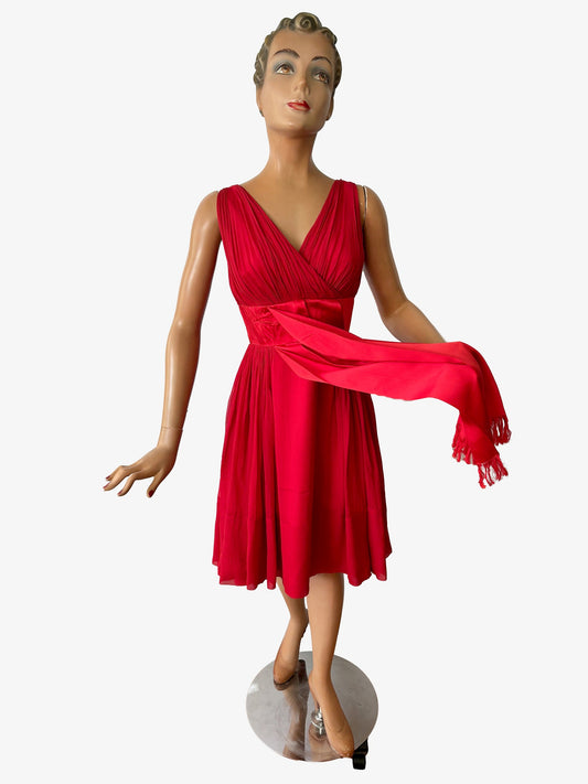 1950s Red 'Roos Bros' Chiffon Dress | XS