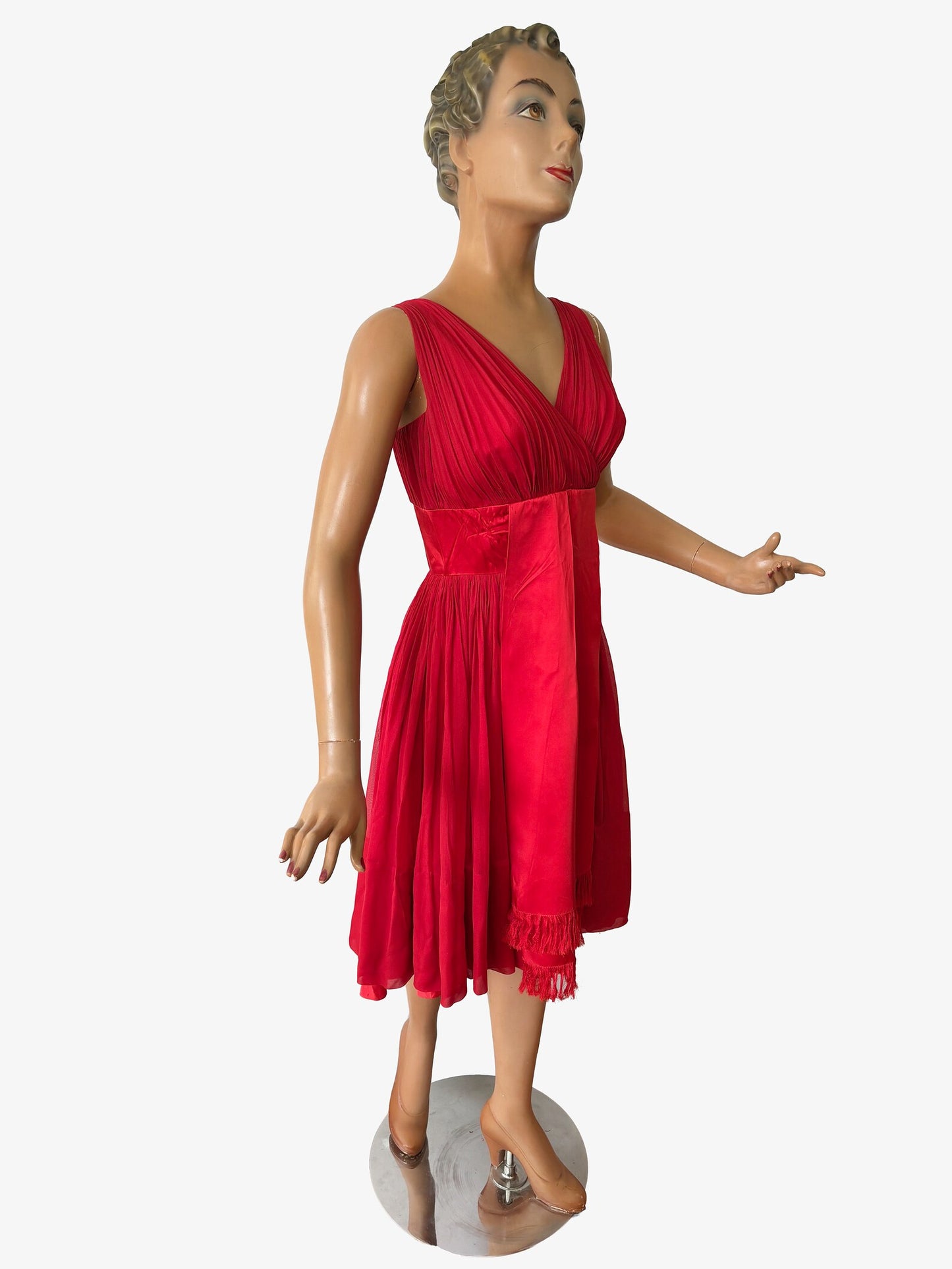 1950s Red 'Roos Bros' Chiffon Dress | XS