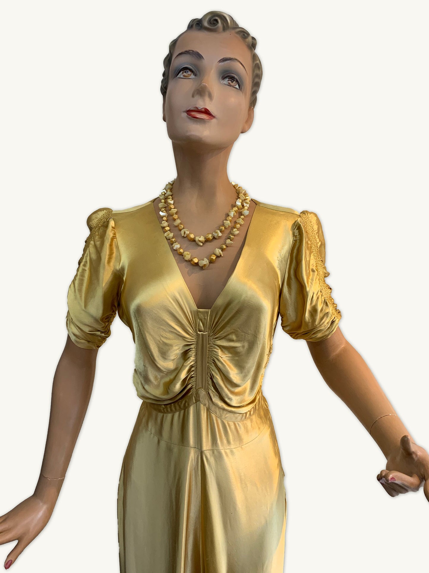 S | 1920s Old Hollywood Glam Liquid Satin Silk Gold Dress