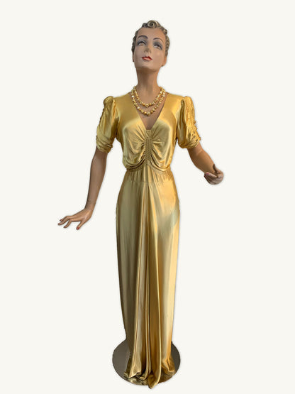 S | 1920s Old Hollywood Glam Liquid Satin Silk Gold Dress
