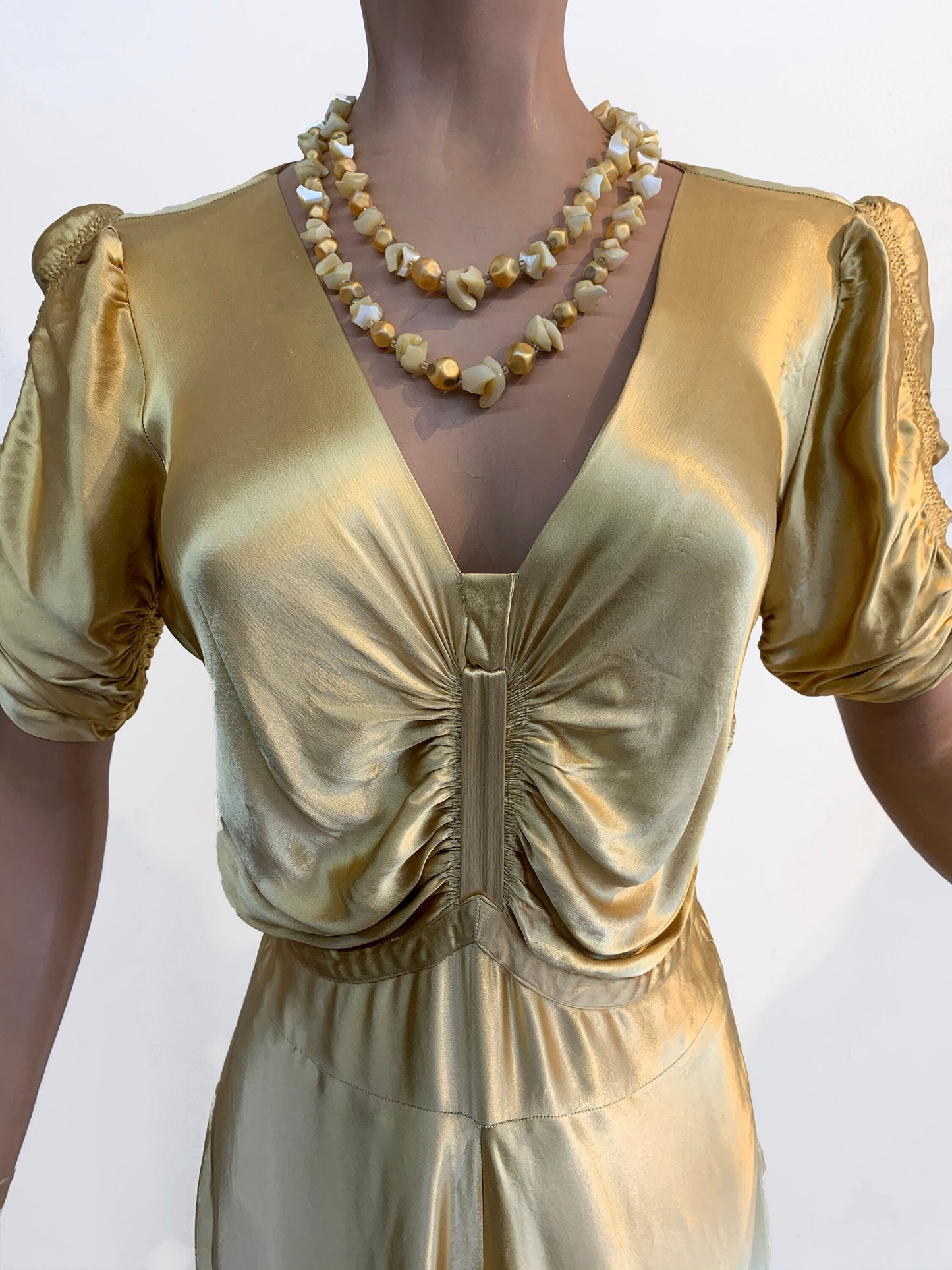 S | 1920s Old Hollywood Glam Liquid Satin Silk Gold Dress