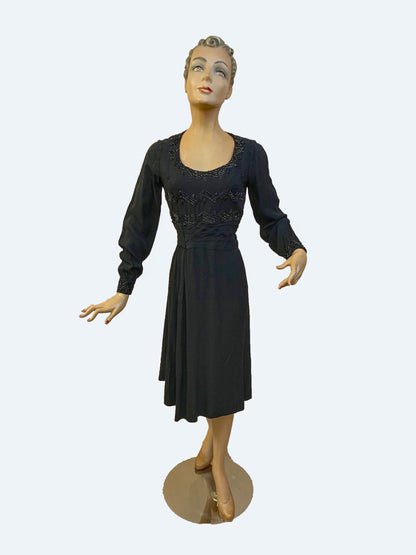 S | Vintage 1930s/1940s Wool Crepe Beaded Dress