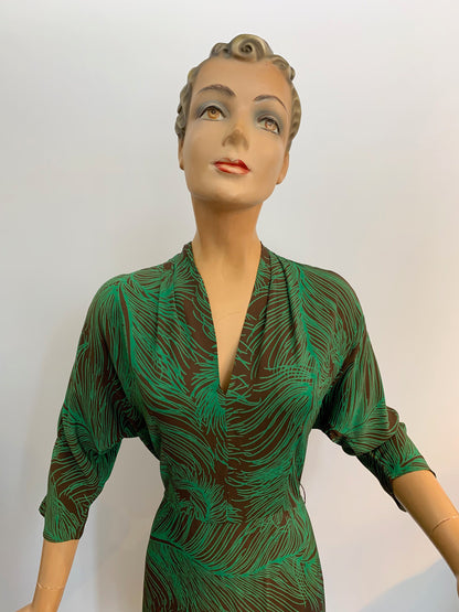 S/M | 1930s Peacock Feather Print Dress