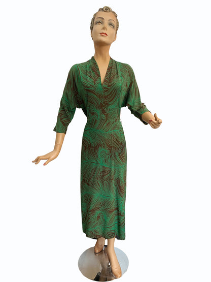 S/M | 1930s Peacock Feather Print Dress