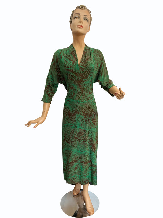S/M | 1930s Peacock Feather Print Dress