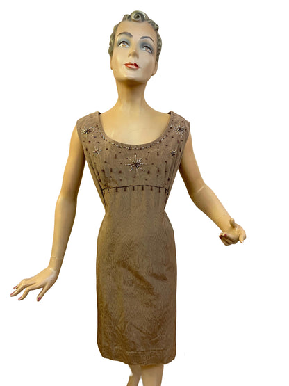 1960s Taffeta Beaded Moiré Dress | XL