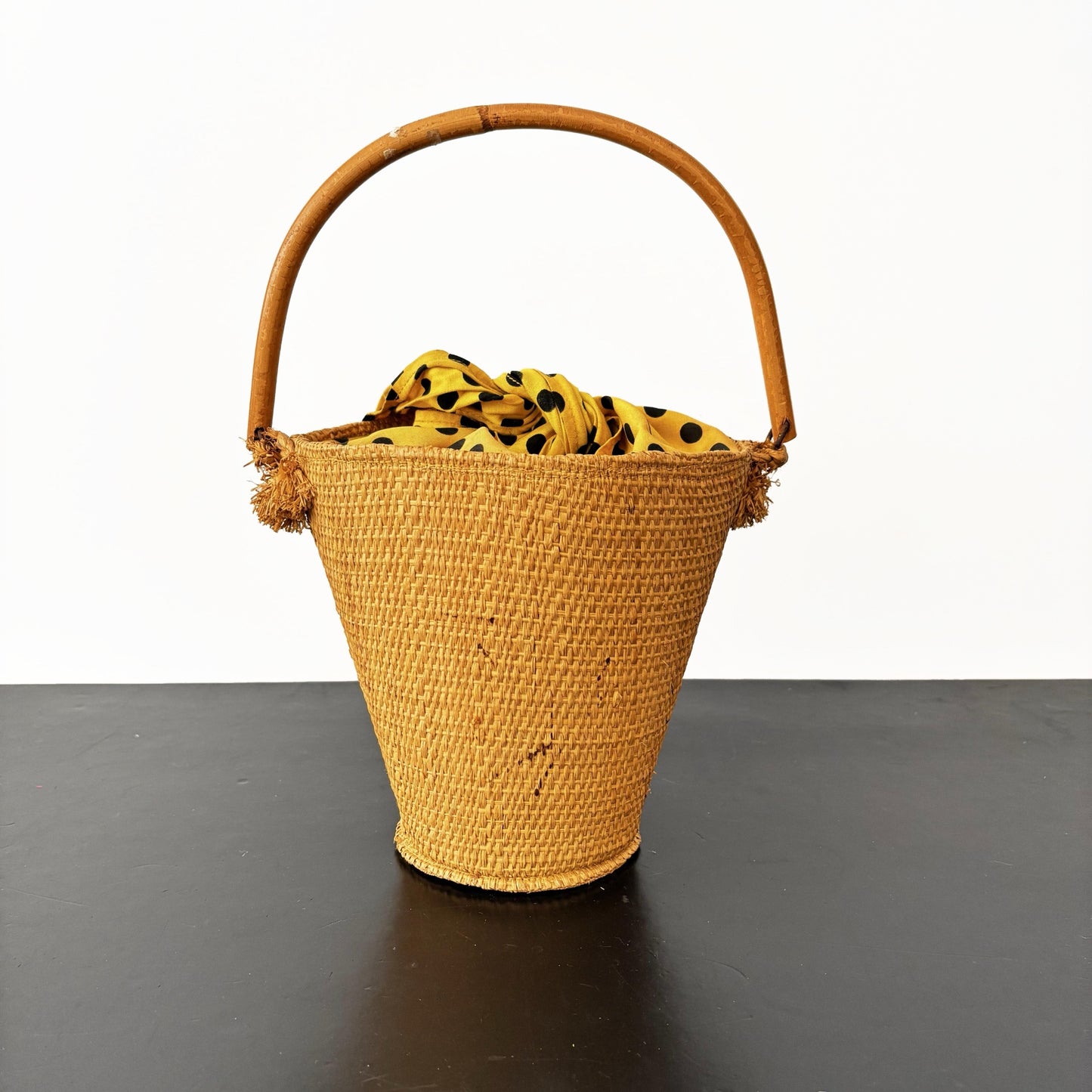 Vintage 1950s Raffia Bucket Bag With Bamboo Handle