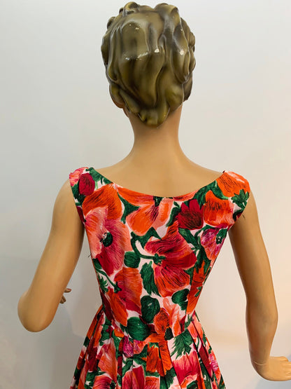 1950s Linen Cotton Flower Print Swing Dress | S