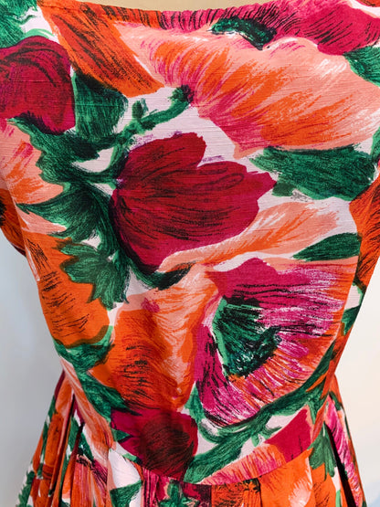 1950s Linen Cotton Flower Print Swing Dress | S