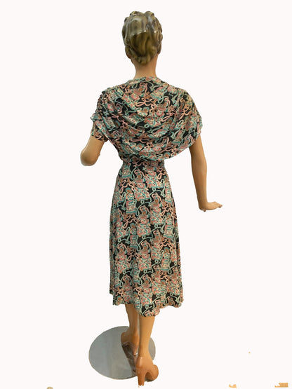 1940s Max Kopp Rayon California Novelty Print Dress | Size XS