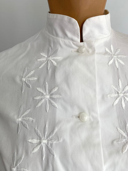 1950s Mandarin Collar Embroidered Cotton Blouse | S