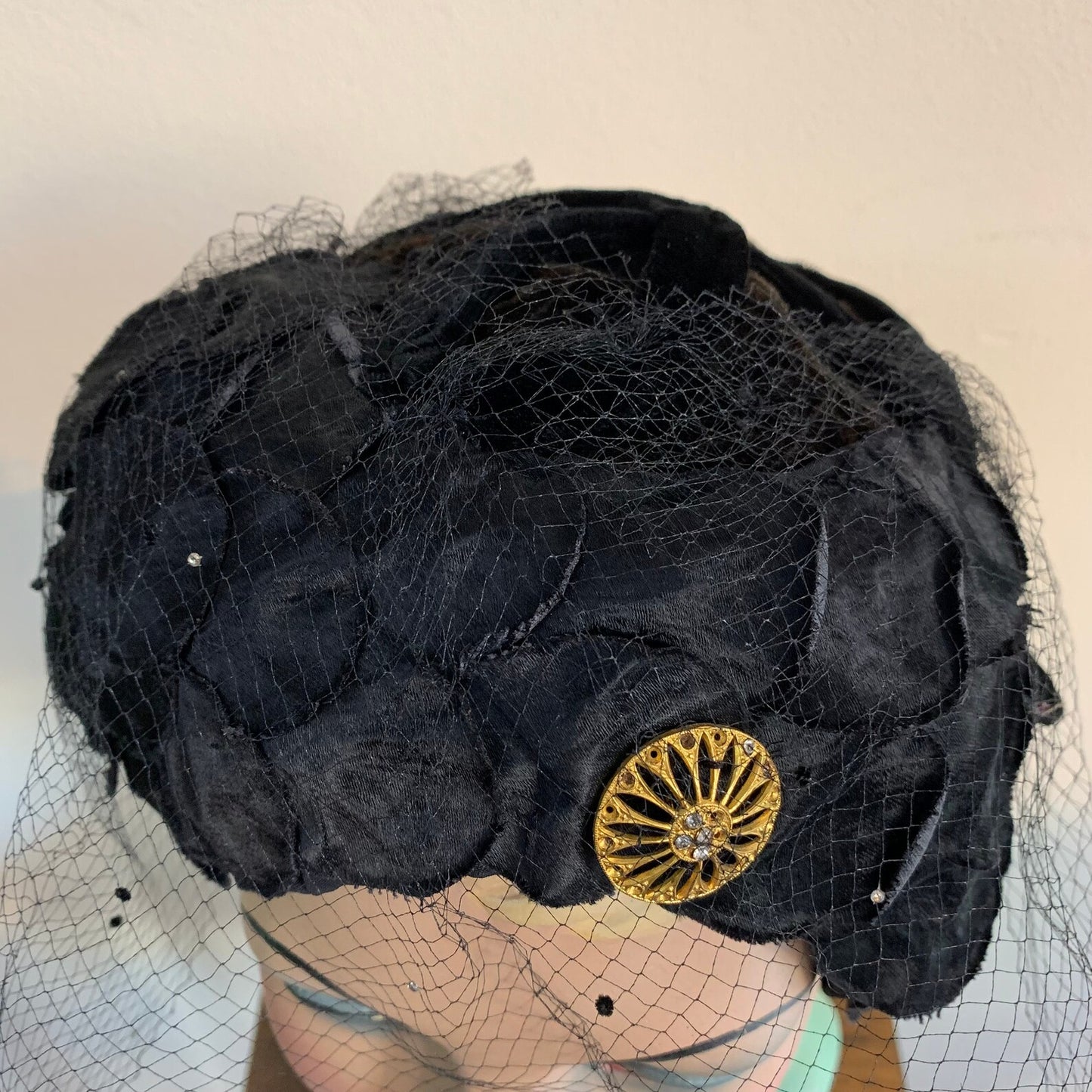 1950s Velvet and Silk Skull Cap Veil and Rhinestones
