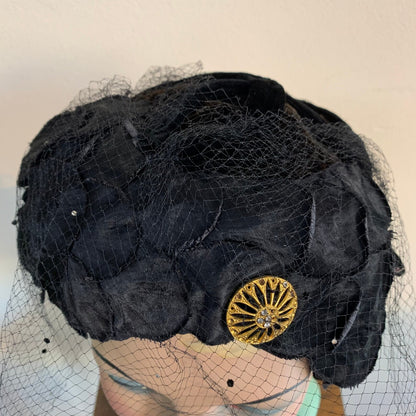1950s Velvet and Silk Skull Cap Veil and Rhinestones