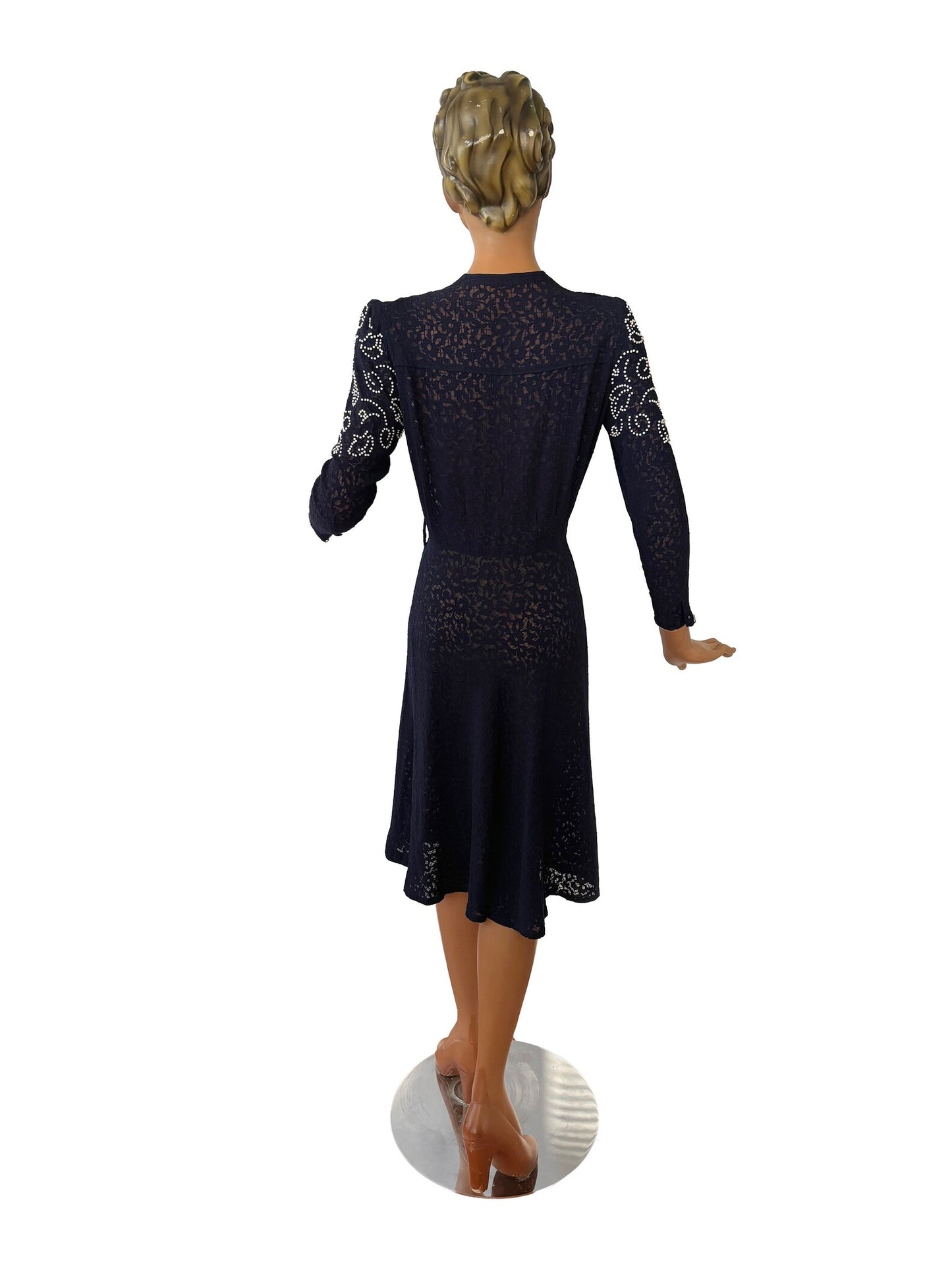 1940s Navy Blue Lace Glass Beaded Dress | L