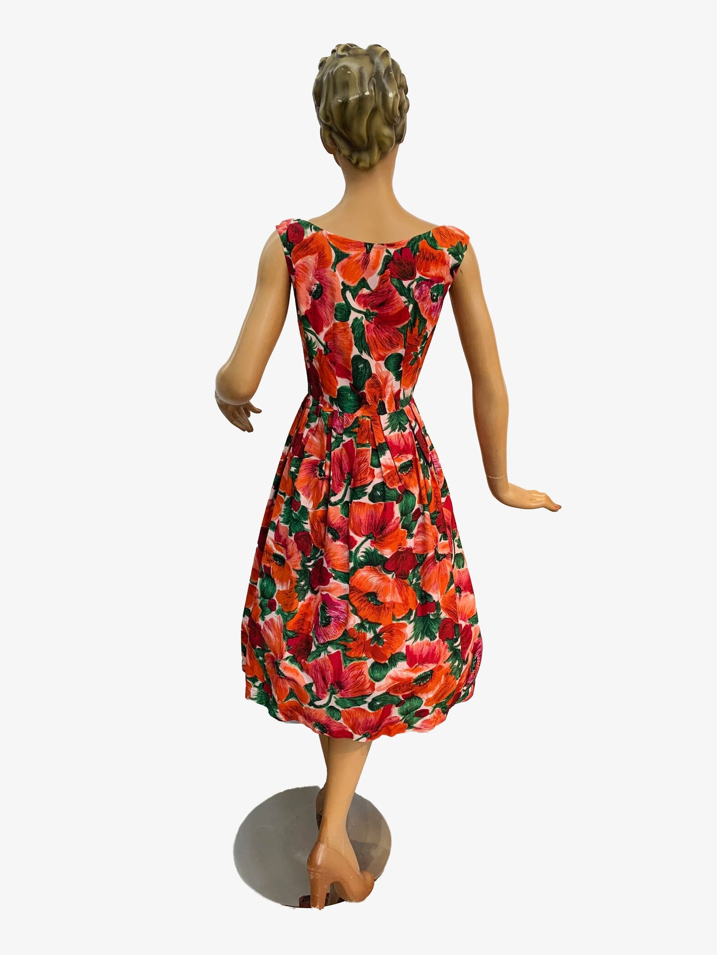 1950s Linen Cotton Flower Print Swing Dress | S