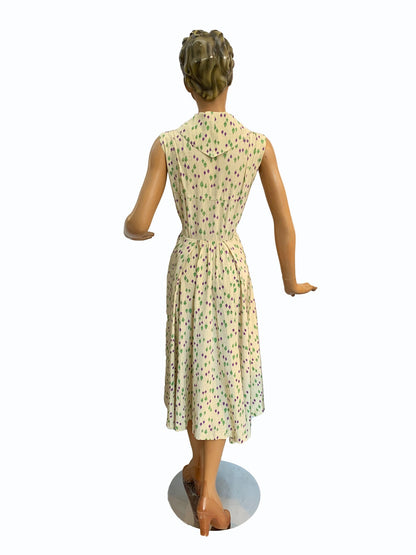 1940s Kay Dunhill Silk Spinning Top Novelty Print / Optical Illusion Dress | S