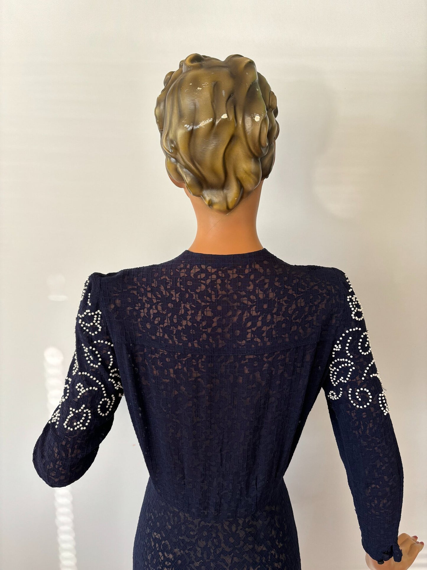 1940s Navy Blue Lace Glass Beaded Dress | L