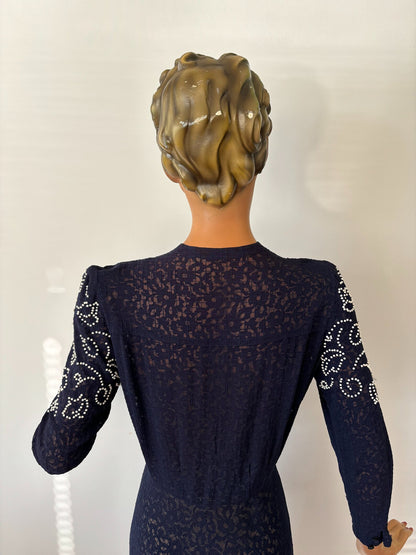 1940s Navy Blue Lace Glass Beaded Dress | L