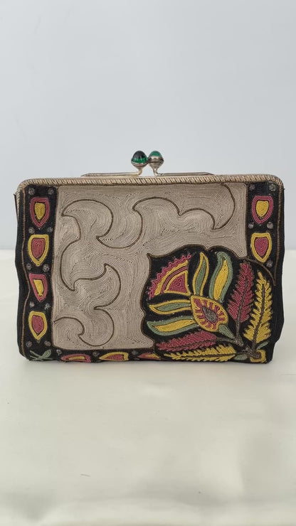 1920s/30s Embroidered Art Deco Evening Bag With Green Cabochon Clasp