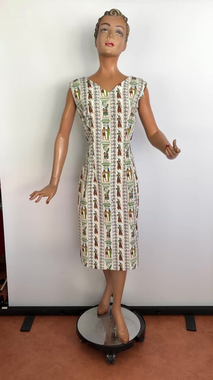 S | 1950s Style Egyptian Novelty Print Faille Wiggle Dress