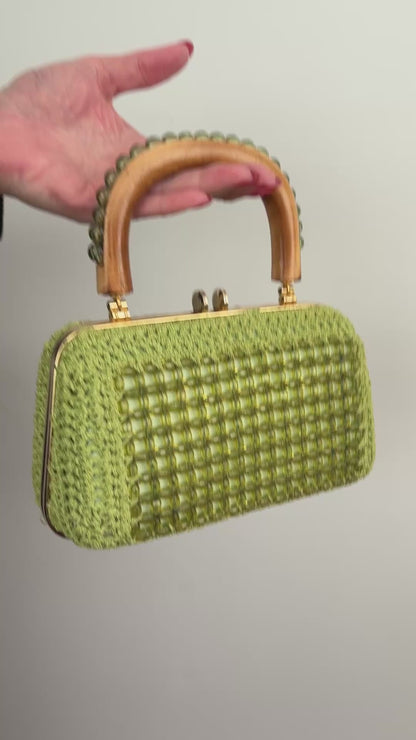 1950s 1960s Pistachio Green Beaded Crochet Box Bag