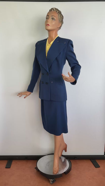 S/XS | 1940s Blue Wool Gabardine Skirt Suit Polly Parker