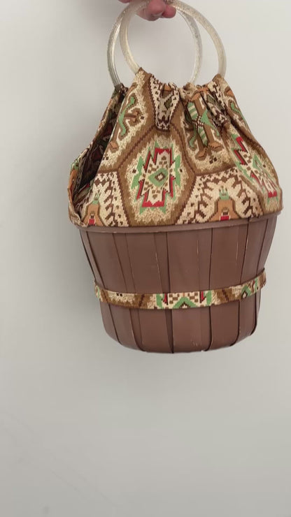 1950s Aztec Southwestern Wooden Bucket Bag with Glitter Lucite Handles