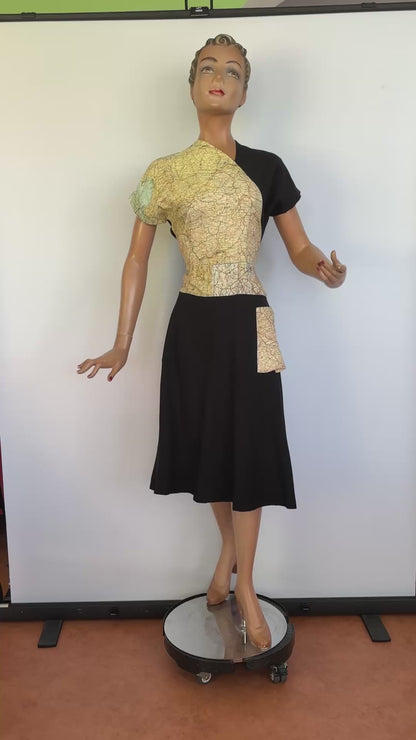 1940s Style Black Crepe Dress with Original WWII Escape Map Fabric | Small