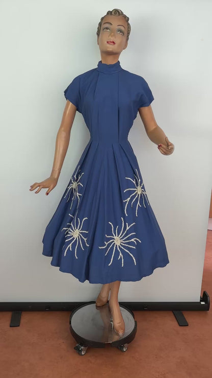 XS | 1950s Blue Gabardine Abstract Floral Appliqué Novelty Dress