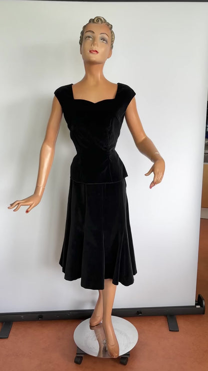 1950s 'Walk by Charles Inc.' Black Velvet Cotton Two Piece Suit | Size S/M