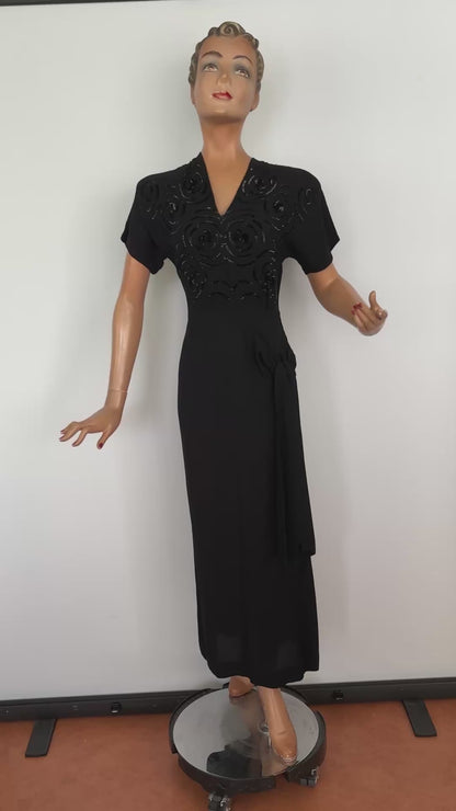 M/L | 1930s Black Crepe Sequin Sarong Dress