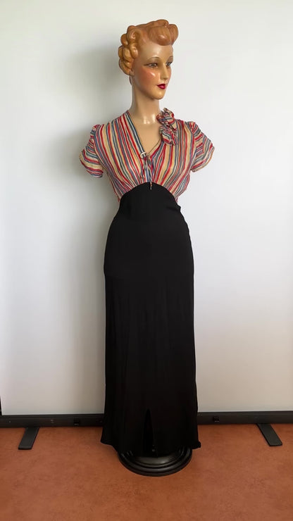 1930s Crepe Evening Dress Muslin Top | XS