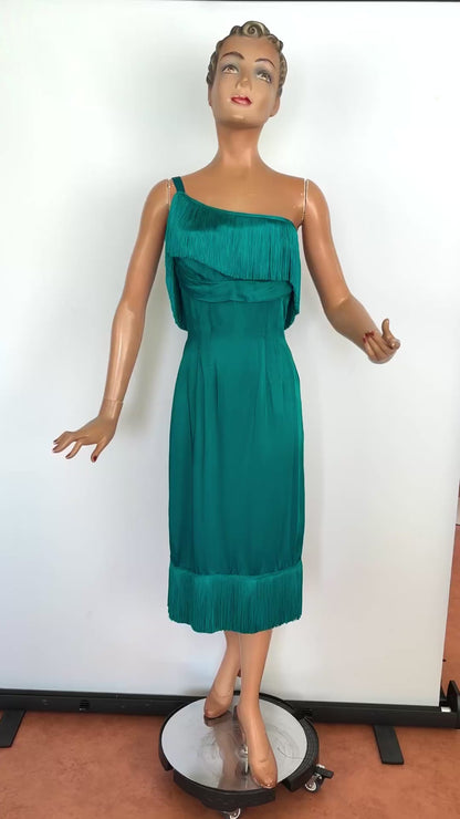 XS | 1950s/60s Petrol Satin Fringe Cocktail Dress