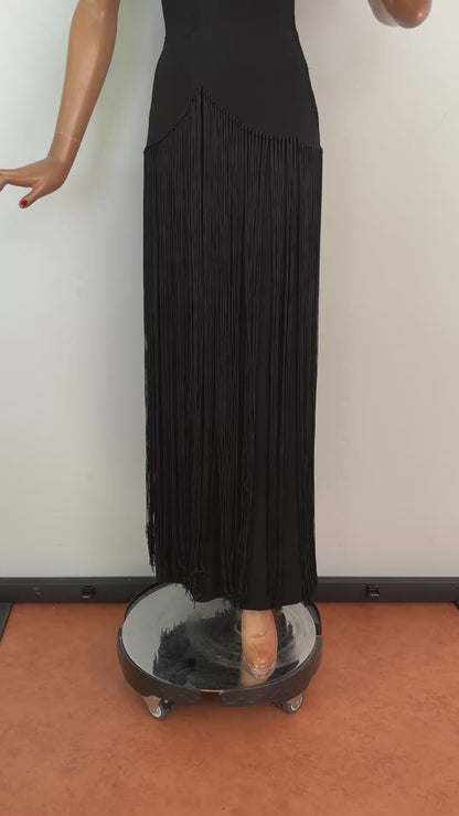 XS/S | 1930s Black Crepe Fringe Evening Dress