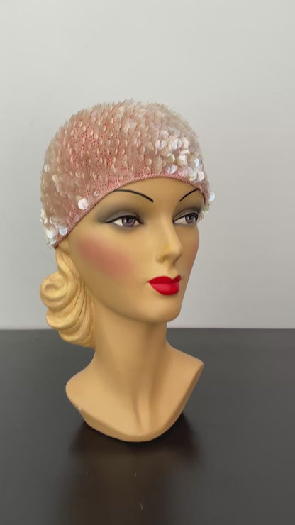 1950s/60s Pink Iridescent Sequin Crochet Cap Hat