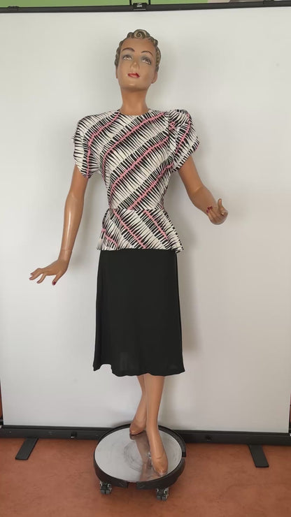 S | 1940s Style Asymmetric Peplum Dress