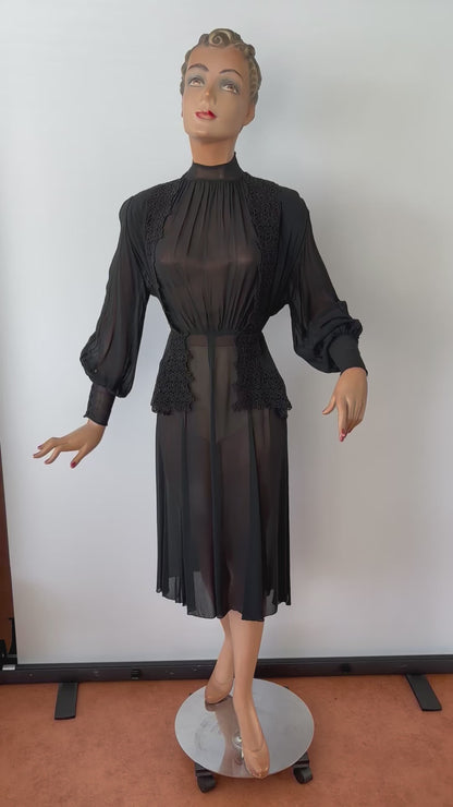 1930s Sheer Crepe Chiffon and Lace Dress | S