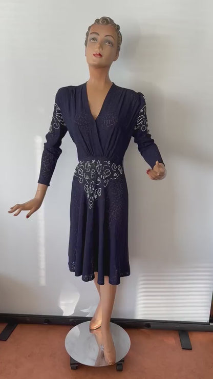 1940s Navy Blue Lace Glass Beaded Dress | L