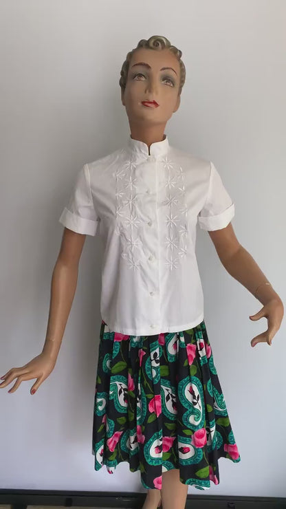 1950s Mandarin Collar Embroidered Cotton Blouse | S
