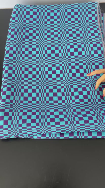 4m 1960s Psychedelic Op Art Fabric – Blue Purple Wool Blend Deadstock
