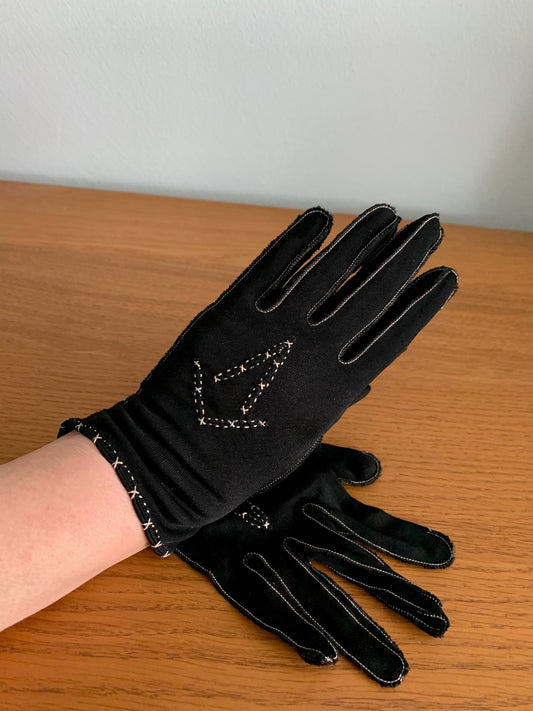 Antique Black Silk Embroidered Gloves
