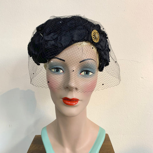 1950s Velvet and Silk Skull Cap Veil and Rhinestones