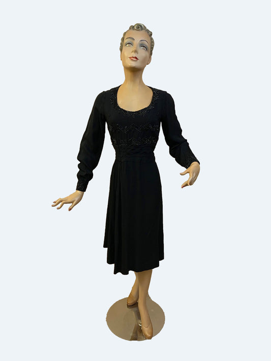 1930s/1940s Wool Crepe Beaded Dress | Size Small