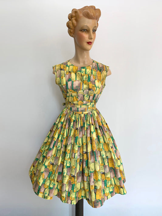 1950s Belted Cotton Dress | Size S Small