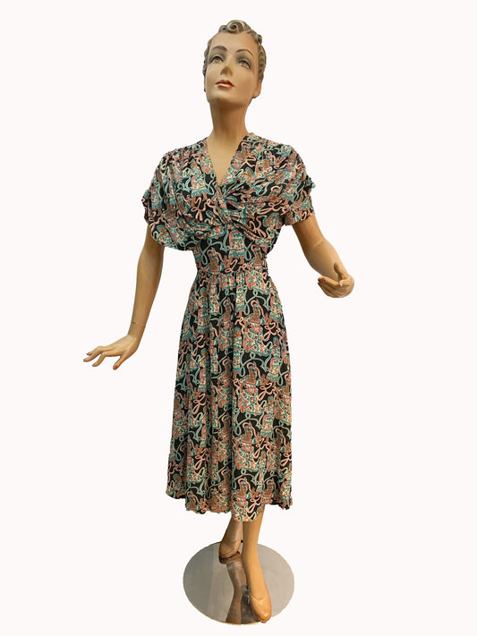 1940s Max Kopp Rayon California Novelty Print Dress | Size XS Extra Small