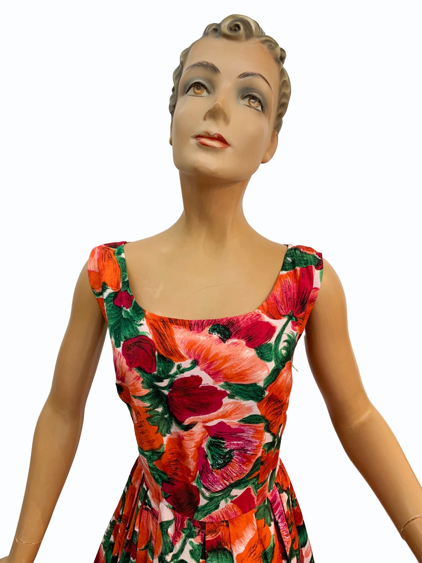 1950s Linen Cotton Flower Print Swing Dress | S