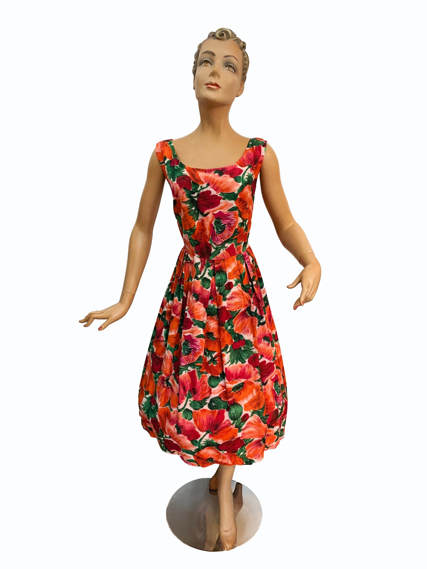 1950s Linen Cotton Flower Print Swing Dress | S
